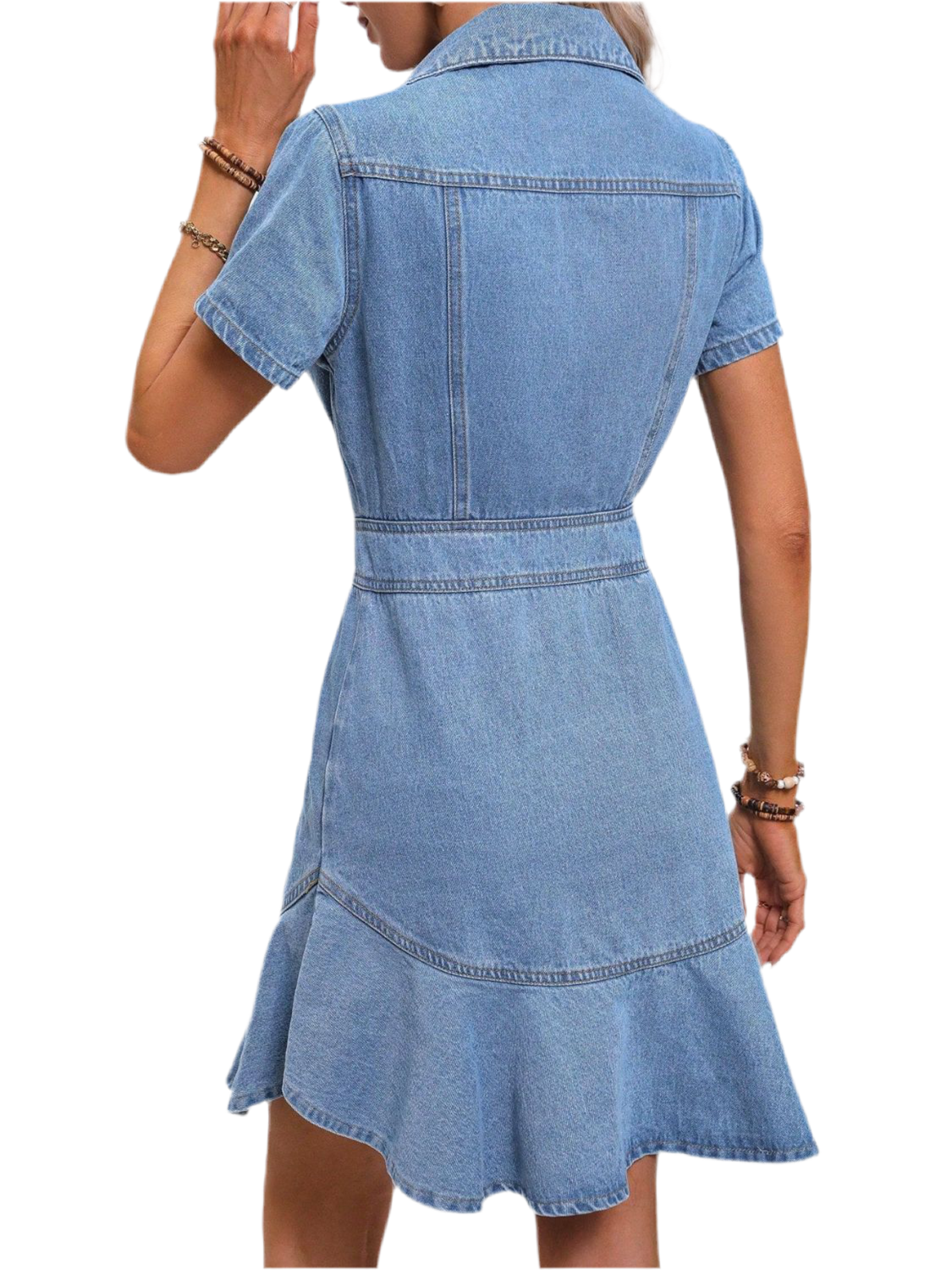 Vestido Denim Com Botões e Mangas Curtas - Marminna Fashion